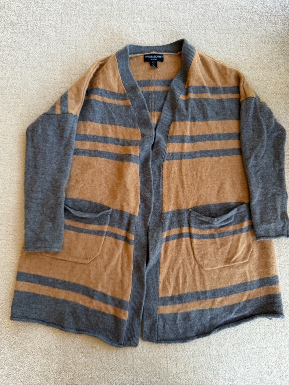 Cynthia Rowley Woman Cardigan 1X Merino Wool Camel Gray Striped Longline